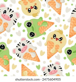 seamless pattern with various layers of ice cream with frog, zebra and chicken faces in a waffle cone, for packaging, advertising or design