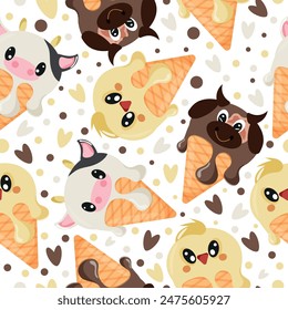 seamless pattern with various layers of ice cream with cow, bull and chicken faces in a waffle cone, for packaging, advertising or design