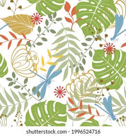 Seamless pattern of various leaves and insects on a white background.
