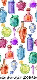 Seamless pattern with various magical potions, poisons and antidotes. Alchemy and Potion Making. Witch tinctures. Vector texture with hand drawn flat bottles, flasks and jars for wrapping