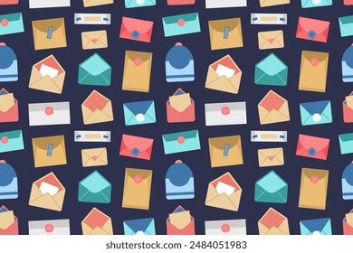 Seamless pattern with various mail envelopes. Vector background for postal delivery. Flat design. Letters texture