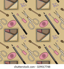 Seamless pattern, various make up beauty items, vector illustration