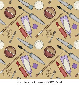 Seamless pattern, various make up beauty items, vector illustration