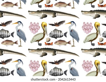 Seamless pattern with various mangrove animals in cartoon style illustration