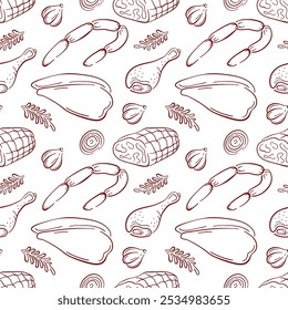 Seamless pattern of various meat cut, including chicken, sausage and ham in line art style. Ideal for food packaging, restaurant branding and culinary design.