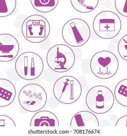 Seamless pattern of various medical devices and drugs first aid kit arranged in a circle. Health and treatment.