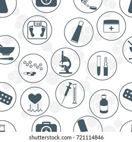 Seamless pattern of various medical devices and drugs first aid kit arranged in a circle. Health and treatment.