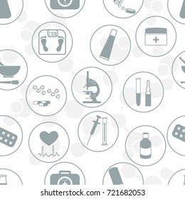 Seamless pattern of various medical devices and drugs first aid kit arranged in a circle. Health and treatment.
