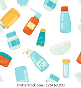 seamless pattern from various medications. on white background. Vector illustration. Cartoon style.