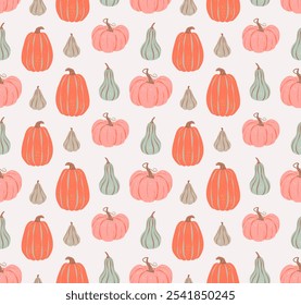 Seamless pattern of various multicolored pumpkins and gourds. Vector illustration in a minimalist flat retro style. Thanksgiving, harvest, autumn season fabric textile, packaging, wrapping paper
