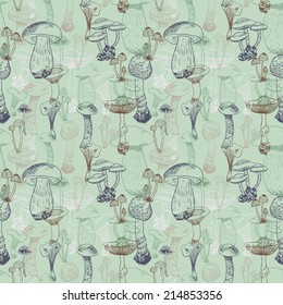 Seamless pattern with various mushrooms 2
