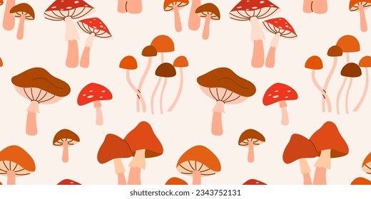 Seamless pattern with various mushrooms. Autumn repeat design with fungi