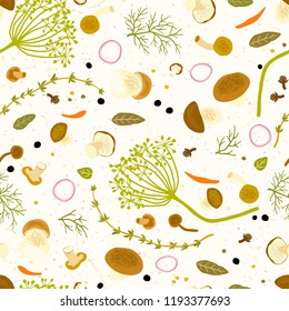Seamless pattern with various mushrooms, dill, thyme, slices onions and carrots, cloves, herbs and spices. Food vector illustration in flat vintage style on beige background. 