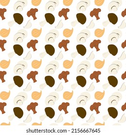 Seamless pattern of various mushrooms, onion heads and garlic cloves cartoon style.