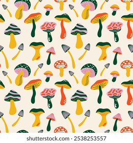 Seamless pattern with various mushrooms in retro cartoon groovy 70s hippie funky style. Different types of fungi vector illustration. Psychedelic abstract colored shrooms for wrapping paper decor