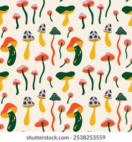 Seamless pattern with various mushrooms in retro cartoon groovy 70s hippie funky style. Different types of fungi vector illustration. Psychedelic abstract colored shrooms for wrapping paper decor