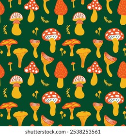 Seamless pattern with various mushrooms in retro cartoon groovy 70s hippie funky style. Different types of fungi vector illustration. Psychedelic abstract colored shrooms for wrapping paper decor