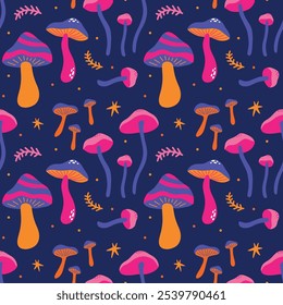 Seamless pattern with various mushrooms in retro cartoon groovy 70s hippie funky style. Different types of fungi vector illustration. Psychedelic abstract colored shrooms for wrapping paper decor