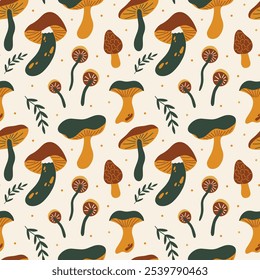 Seamless pattern with various mushrooms in retro cartoon groovy 70s hippie funky style. Different types of fungi vector illustration. Psychedelic abstract colored shrooms for wrapping paper decor