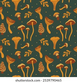 Seamless pattern with various mushrooms in retro cartoon groovy 70s hippie funky style. Different types of fungi vector illustration. Psychedelic abstract colored shrooms for wrapping paper decor