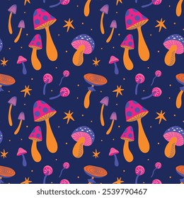 Seamless pattern with various mushrooms in retro cartoon groovy 70s hippie funky style. Different types of fungi vector illustration. Psychedelic abstract colored shrooms for wrapping paper decor