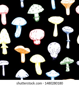 seamless pattern with various mushrooms vector with black background, isolated on white background