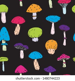 seamless pattern with various mushrooms vector, isolated on white background