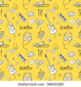 Seamless pattern of various musical instruments and symbols, vector illustration