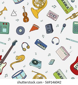 Seamless pattern with various musical instruments, symbols, objects and elements. Colorful  illustration.