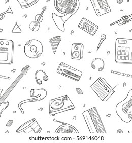 Seamless pattern with various musical  instruments, symbols, objects and elements. Hand drawn contour illustration.