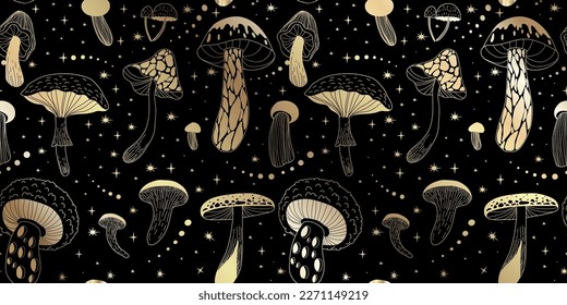 Seamless pattern with various mystical mushrooms. Hippie magic boho wall art background. Psychedelic vector illustration. Magic and boho texture. Hand drawn style graphic set