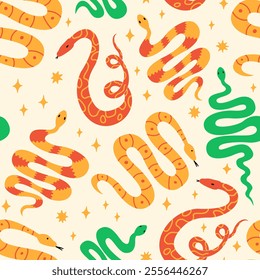 Seamless pattern with various mystical snakes and stars. Vector flat background. Symbol of the chinese lunar new year