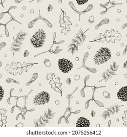 Seamless Pattern With Various Nature Objects: Oak Leaves, Acorns, Pine Cones, Pine Branches, Mistletoe Twigs And Berries, Maple Seeds. Vector Outline Botanical Illustration