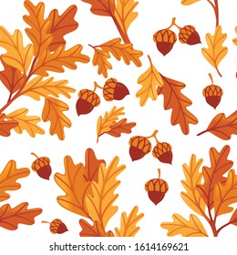 Seamless pattern various oak autumn leaves with acorn flat vector illustration on white background