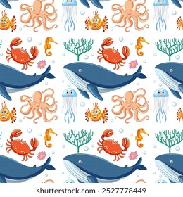 Seamless pattern with various ocean creatures and plants