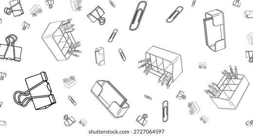 Un patrón sin fisuras de varios suministros de oficina, incluidos Clips de carpeta, porta lápices y Clips de papel, renderizado en un estilo de arte lineal simple sobre un fondo blanco.