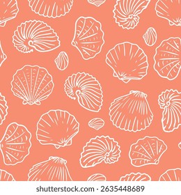 Seamless pattern with various outlined sea shells on a coral background. Hand-drawn vector illustration.