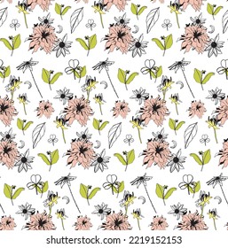 Seamless pattern with various overlapping flowers and leaves