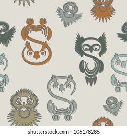 Seamless pattern with various owls on a neutral background.