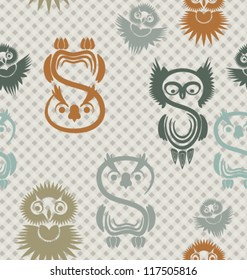 Seamless pattern with various owls on a neutral background.