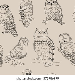 Seamless pattern with a various owls in retro style