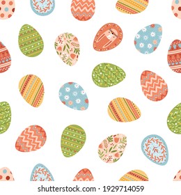 Seamless pattern with various painted Easter eggs on white background. Repeatable spring festive texture. Endless backdrop for printing. Hand-drawn colored flat vector illustration