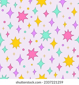 Seamless pattern with various pastel stars. Vector background in cute kawaii style