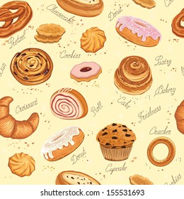 Seamless pattern with various pastries