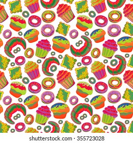 Seamless pattern with various pastries. Bakery products.