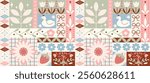 Seamless pattern with various patch style trendy folk flowers, duck, strawberry.Vector funky illustration. Vintage farm ornaments background.