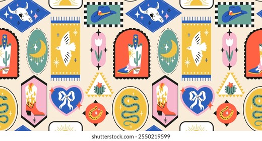 Seamless pattern with various patch style trendy cowboy boots, hats, cow scull, snake, horseshoe.Boho American western desert elements.Vector funky illustration. Vintage frames background