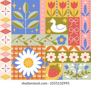 Seamless pattern with various patch style trendy folk flowers, duck, strawberry.Vector funky illustration. Vintage farm ornaments background.