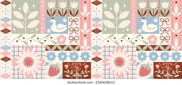 Seamless pattern with various patch style trendy folk flowers, duck, strawberry.Vector funky illustration. Vintage farm ornaments background.