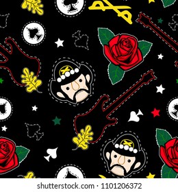 
Seamless pattern with various patches on a black background.Lemmy, bass guitar with an oak leaf, ace of spades and a rose with leaves.Hand-drawn vector illustration.  Rock'n'roll patches. 